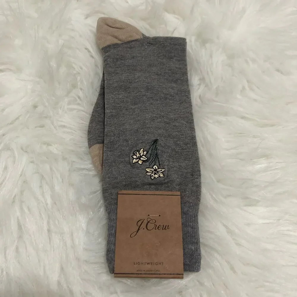 J. Crew Women's Dress Sock One Size Gray Embroidered Floral Lightweight NWT